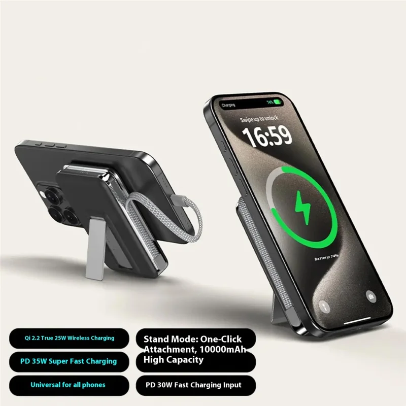 M02B+ 10000mAh Magnetic Power Bank 35W PD Fast Charging Qi2.2 Wireless Portable Charger with Type C Cable - Black