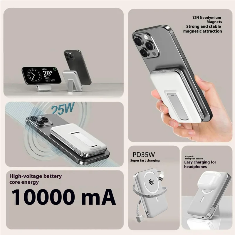 M02B+ 10000mAh Magnetic Power Bank 35W PD Fast Charging Qi2.2 Wireless Portable Charger with Type C Cable - Black