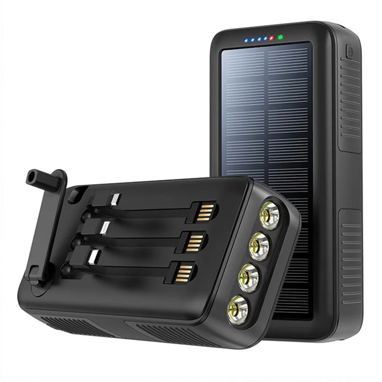 SY-618 Handkurbel 30000mAh Solarladegerät Dual USB Ladegerät Mobiltelefon Externen Akku mit Lightning / Typ-C / Micro-Kabel - Schwarz
