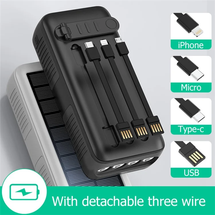 SY-618 Handkurbel 30000mAh Solarladegerät Dual USB Ladegerät Mobiltelefon Externen Akku mit Lightning / Typ-C / Micro-Kabel - Schwarz