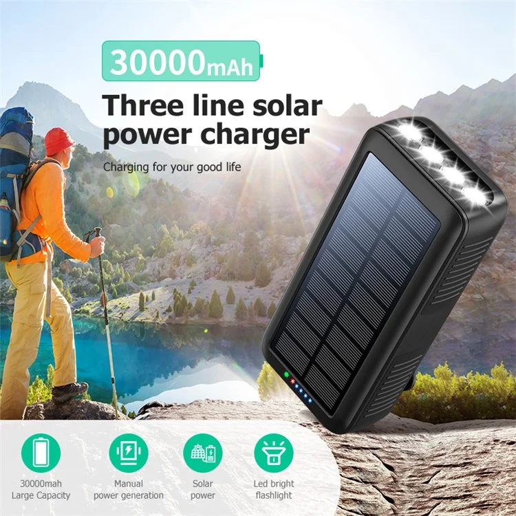 SY-618 Handkurbel 30000mAh Solarladegerät Dual USB Ladegerät Mobiltelefon Externen Akku mit Lightning / Typ-C / Micro-Kabel - Schwarz