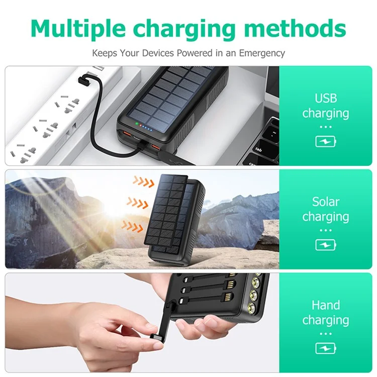 SY-618 Handkurbel 30000mAh Solarladegerät Dual USB Ladegerät Mobiltelefon Externen Akku mit Lightning / Typ-C / Micro-Kabel - Schwarz