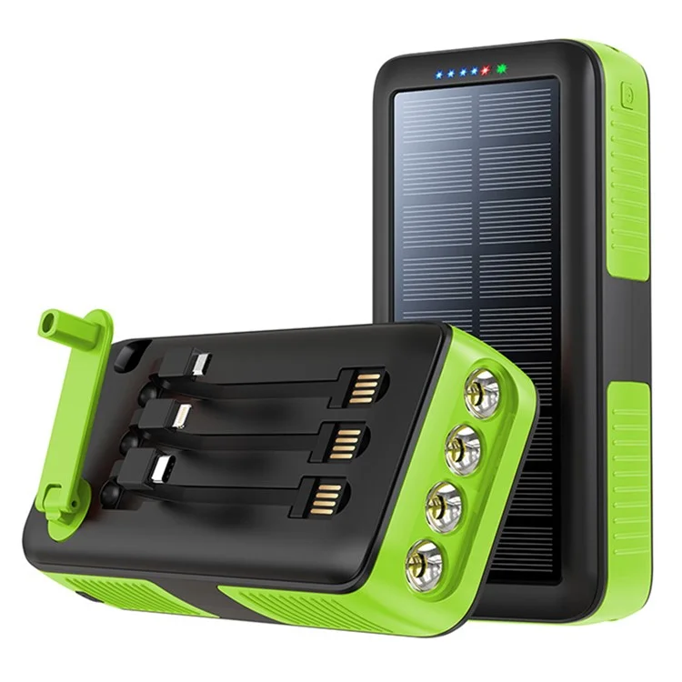 SY-618 Hand Crank 30000mAh Solar Power Bank Dual USB Charger Phone External Battery with Lightning / Type-C / Micro Cable - Green