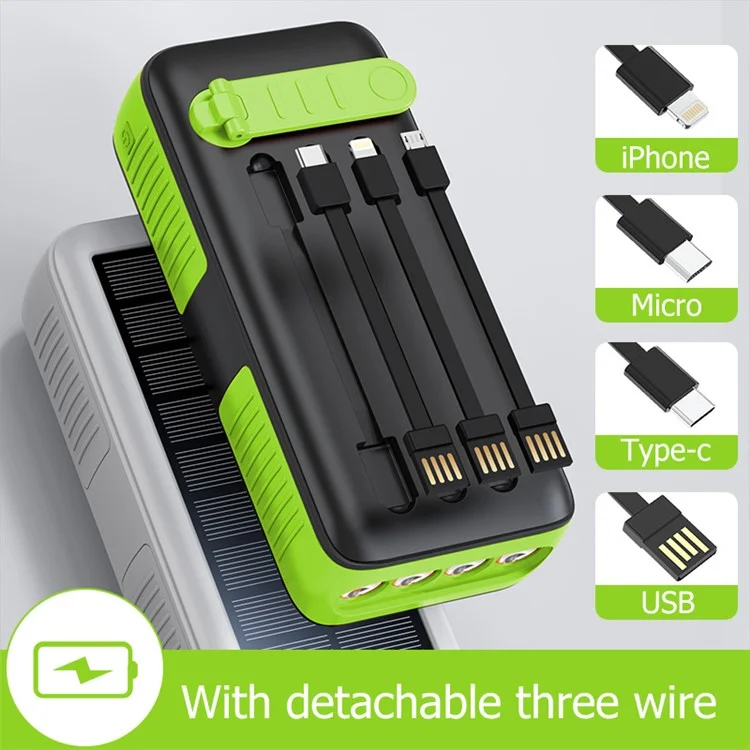 SY-618 Hand Crank 30000mAh Solar Power Bank Dual USB Charger Phone External Battery with Lightning / Type-C / Micro Cable - Green