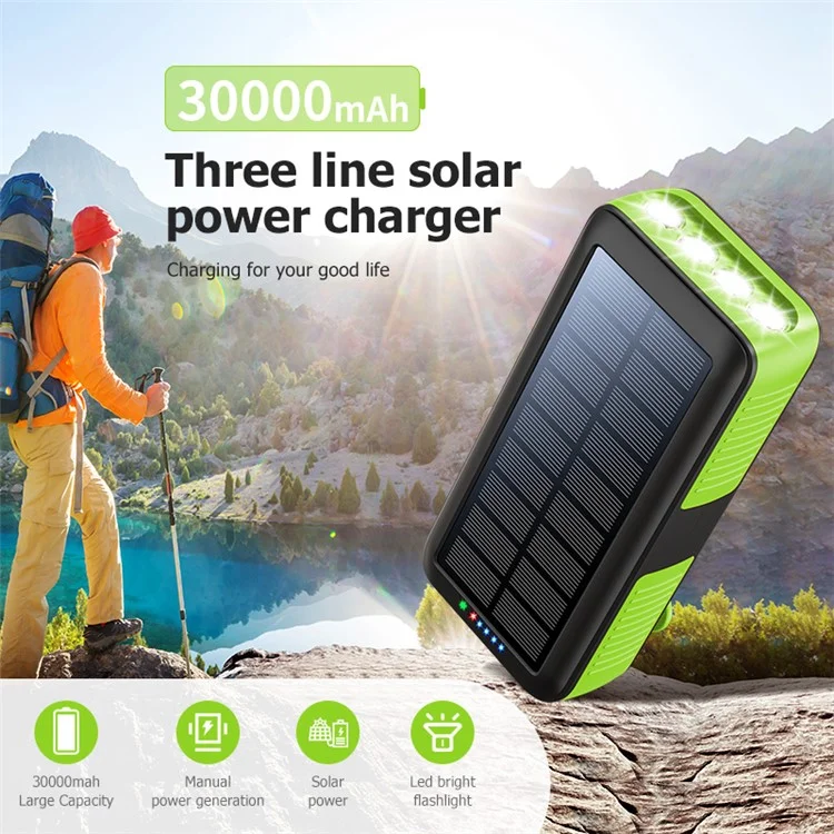 SY-618 Hand Crank 30000mAh Solar Power Bank Dual USB Charger Phone External Battery with Lightning / Type-C / Micro Cable - Green