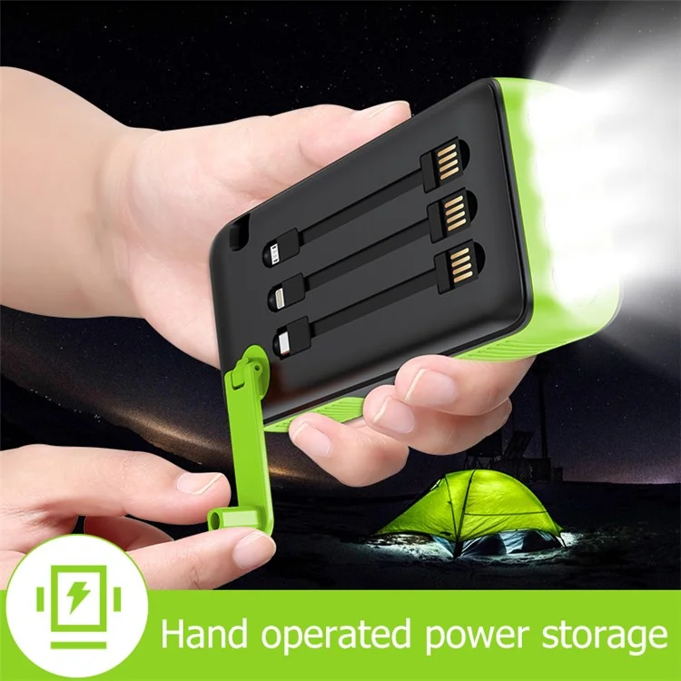 SY-618 Hand Crank 30000mAh Solar Power Bank Dual USB Charger Phone External Battery with Lightning / Type-C / Micro Cable - Green