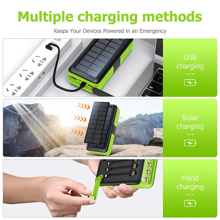 SY-618 Hand Crank 30000mAh Solar Power Bank Dual USB Charger Phone External Battery with Lightning / Type-C / Micro Cable - Green