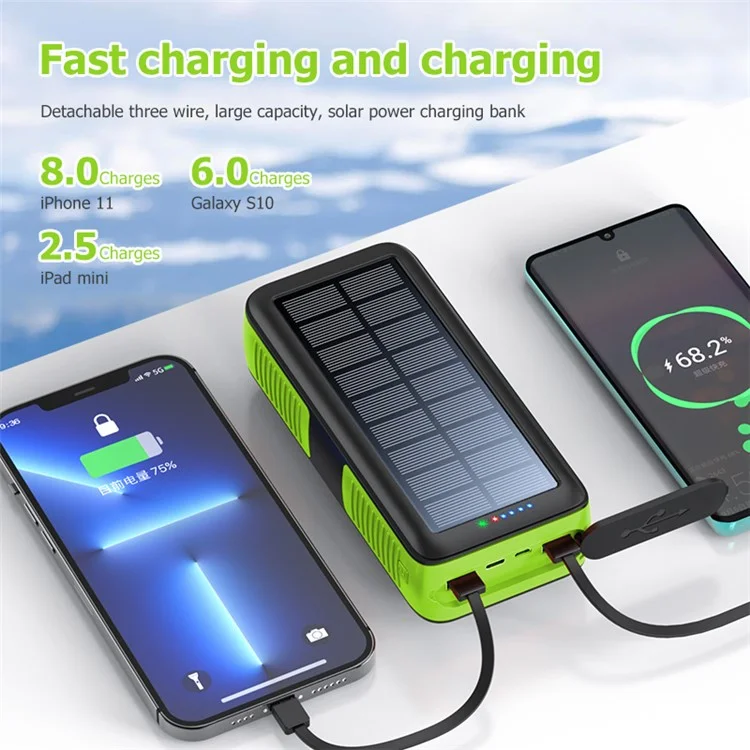 SY-618 Hand Crank 30000mAh Solar Power Bank Dual USB Charger Phone External Battery with Lightning / Type-C / Micro Cable - Green