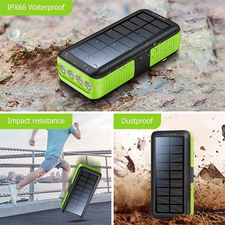 SY-618 Hand Crank 30000mAh Solar Power Bank Dual USB Charger Phone External Battery with Lightning / Type-C / Micro Cable - Green
