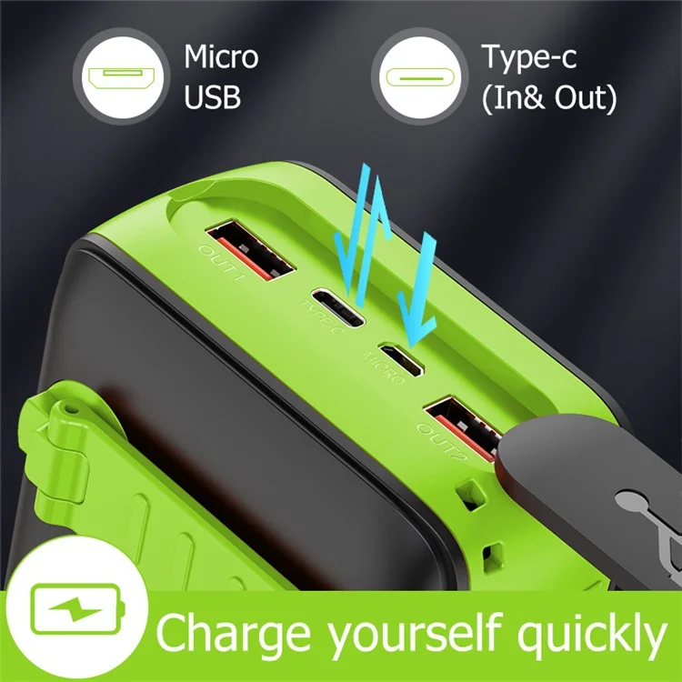 SY-618 Hand Crank 30000mAh Solar Power Bank Dual USB Charger Phone External Battery with Lightning / Type-C / Micro Cable - Green