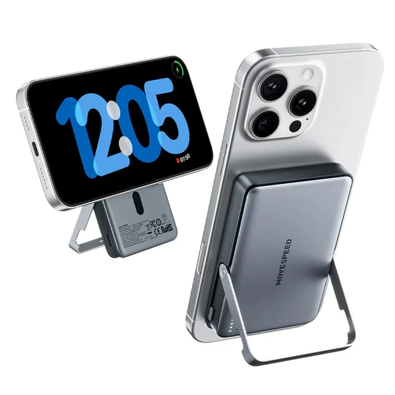 MOVE SPEED YSPBS05Pro Magnetic Power Bank 5000mAh with Stand Portable Charger Wireless Charging for Mobile Devices - Dark Grey