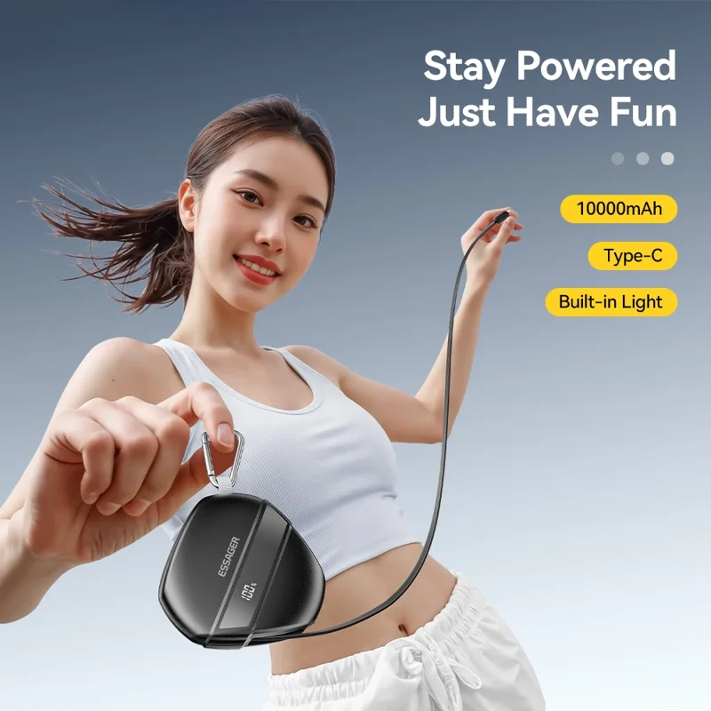 ESSAGER 10000mAh 22.5W Fast Charging Power Bank Portable Phone External Battery with Retractable Cable - Black