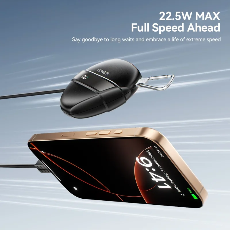 ESSAGER 10000mAh 22.5W Fast Charging Power Bank Portable Phone External Battery with Retractable Cable - Black