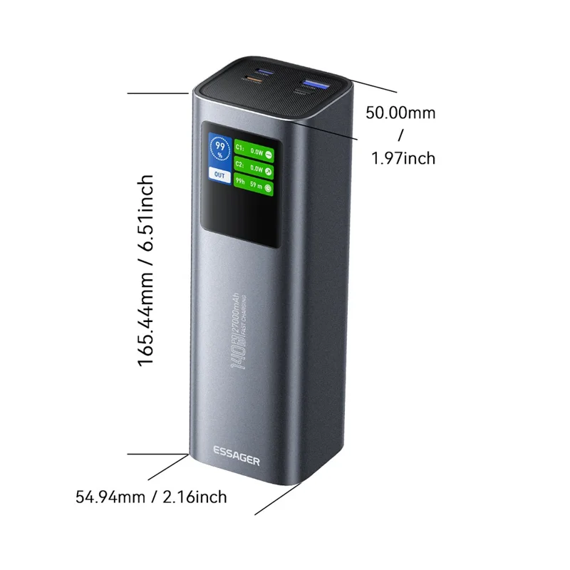 ESSAGER EDY140W-CH0G-Z 27000mAh Power Bank 140W Dual Way Fast Charging Power Bank Smart Chip - Grey