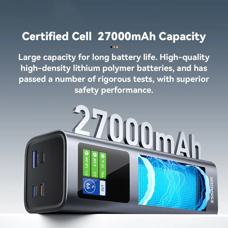 ESSAGER EDY140W-CH0G-Z 27000mAh Power Bank 140W Dual Way Fast Charging Power Bank Smart Chip - Grey