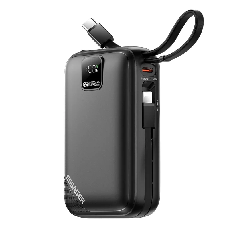 ESSAGER 20000mAh PD 65W Fast Charging Power Bank Portable Phone External Battery with Type-C Cable - Black