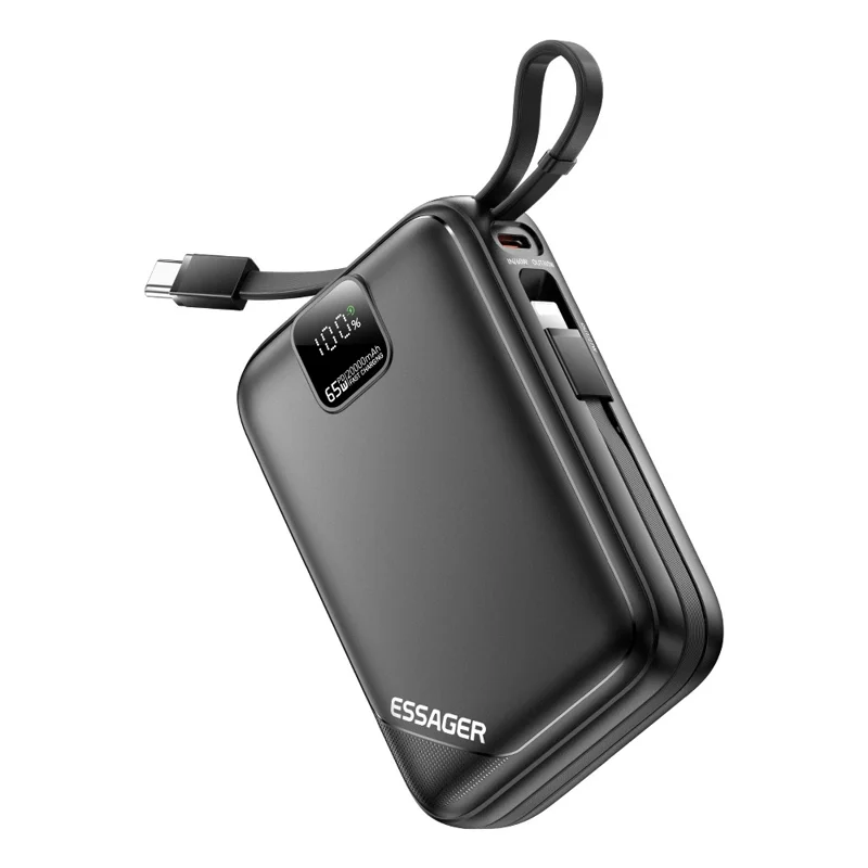 ESSAGER 20000mAh PD 65W Fast Charging Power Bank Portable Phone External Battery with Type-C Cable - Black