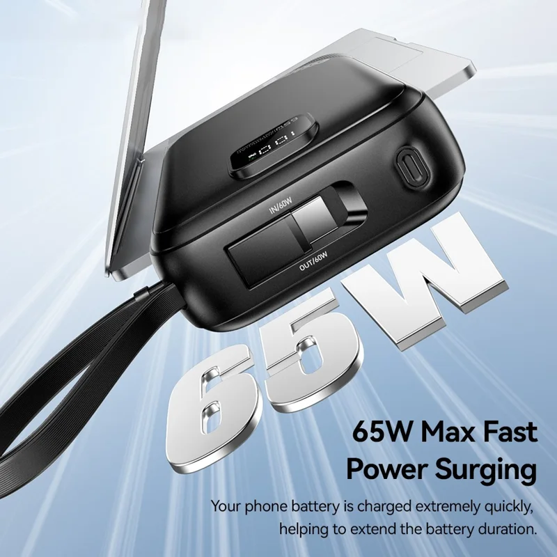 ESSAGER 20000mAh PD 65W Fast Charging Power Bank Portable Phone External Battery with Type-C Cable - Black