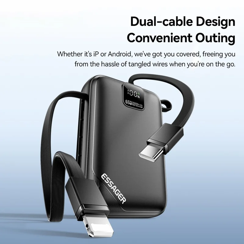 ESSAGER 20000mAh PD 65W Fast Charging Power Bank Portable Phone External Battery with Type-C Cable - Black