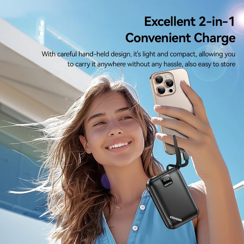 ESSAGER 20000mAh PD 65W Fast Charging Power Bank Portable Phone External Battery with Type-C Cable - Black