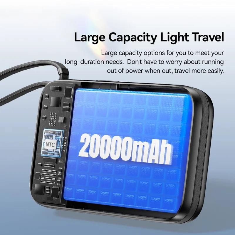 ESSAGER 20000mAh PD 65W Fast Charging Power Bank Portable Phone External Battery with Type-C Cable - Black
