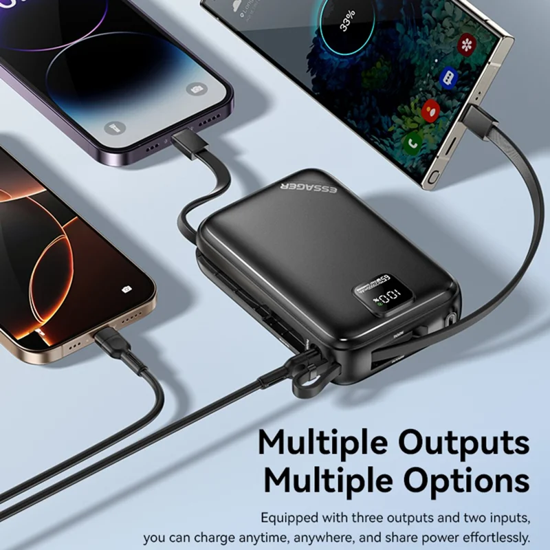 ESSAGER 20000mAh PD 65W Fast Charging Power Bank Portable Phone External Battery with Type-C Cable - Black