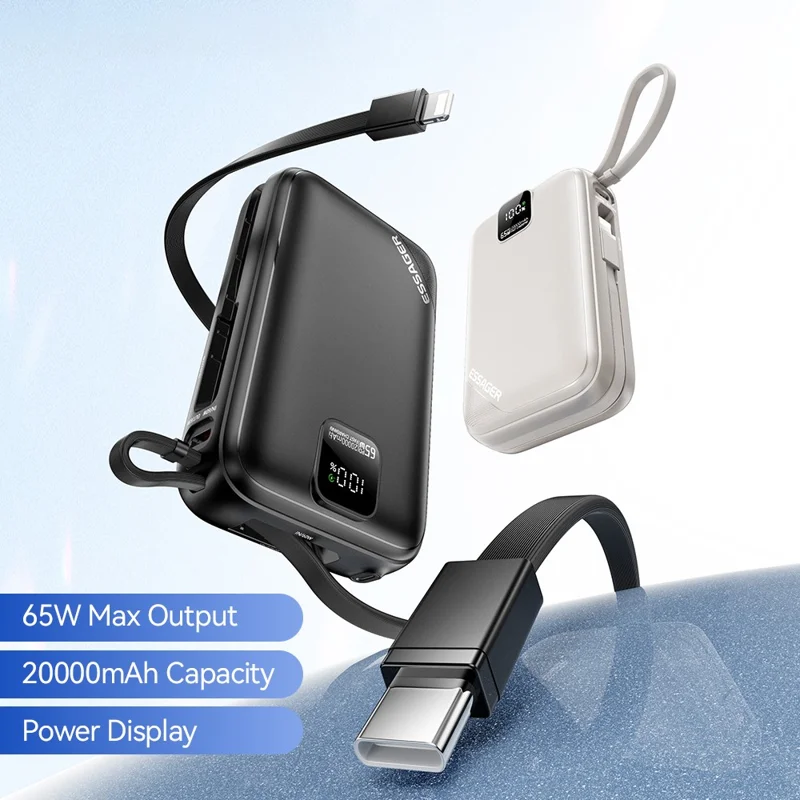 ESSAGER 20000mAh PD 65W Fast Charging Power Bank Portable Phone External Battery with Type-C Cable - Black