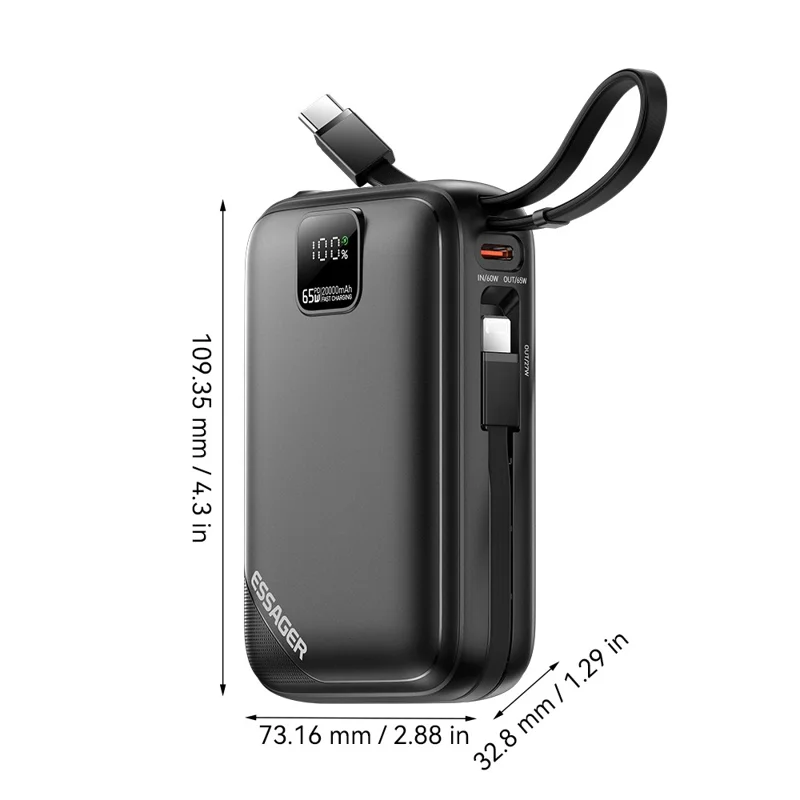ESSAGER 20000mAh PD 65W Fast Charging Power Bank Portable Phone External Battery with Type-C Cable - Black