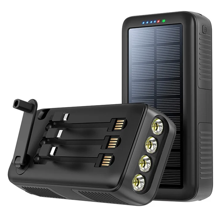 Внешний аккумулятор Solar Power Bank SY-618 Hand Crank 20000mAh с двумя USB-портами, съемными кабелями Lightning / Type-C / Micro и фонариком - черный