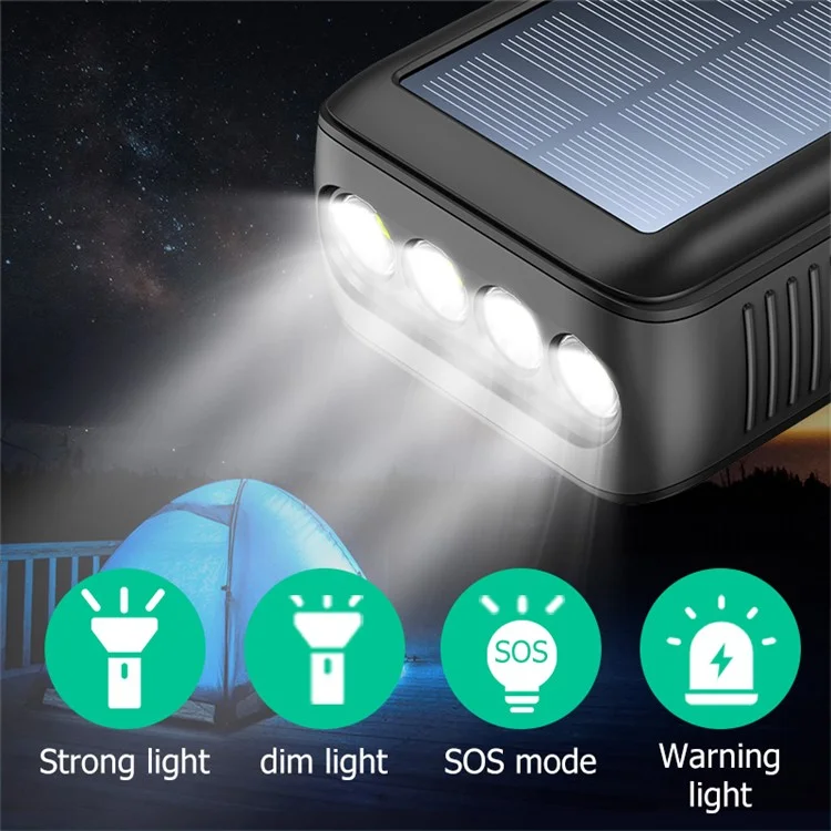 Внешний аккумулятор Solar Power Bank SY-618 Hand Crank 20000mAh с двумя USB-портами, съемными кабелями Lightning / Type-C / Micro и фонариком - черный