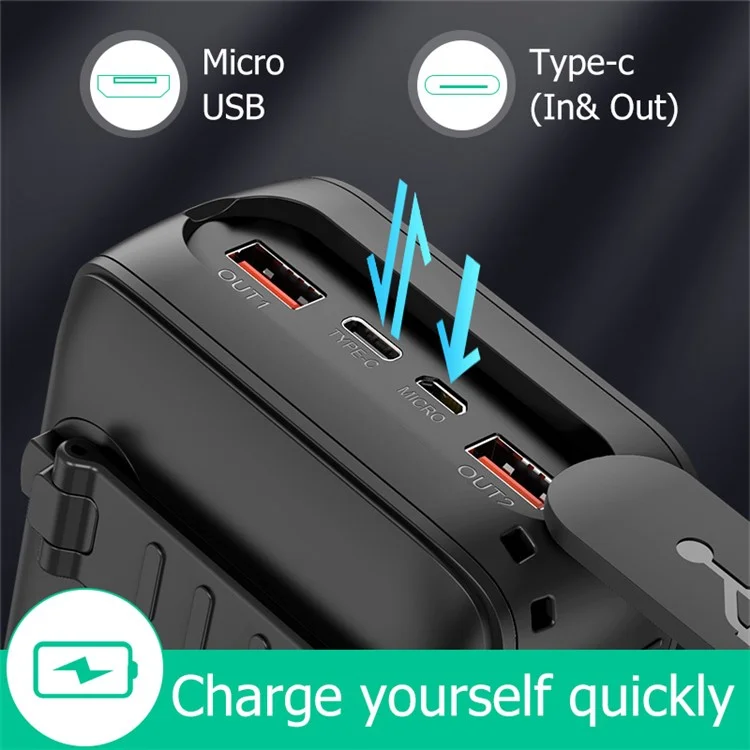 Внешний аккумулятор Solar Power Bank SY-618 Hand Crank 20000mAh с двумя USB-портами, съемными кабелями Lightning / Type-C / Micro и фонариком - черный