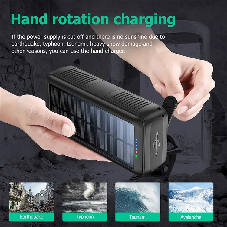 Внешний аккумулятор Solar Power Bank SY-618 Hand Crank 20000mAh с двумя USB-портами, съемными кабелями Lightning / Type-C / Micro и фонариком - черный