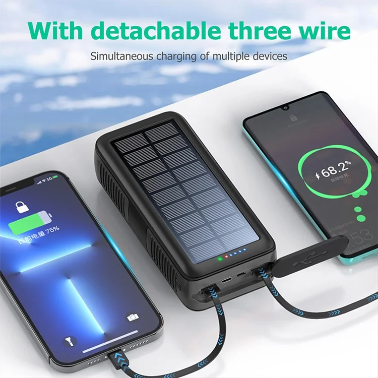 Внешний аккумулятор Solar Power Bank SY-618 Hand Crank 20000mAh с двумя USB-портами, съемными кабелями Lightning / Type-C / Micro и фонариком - черный