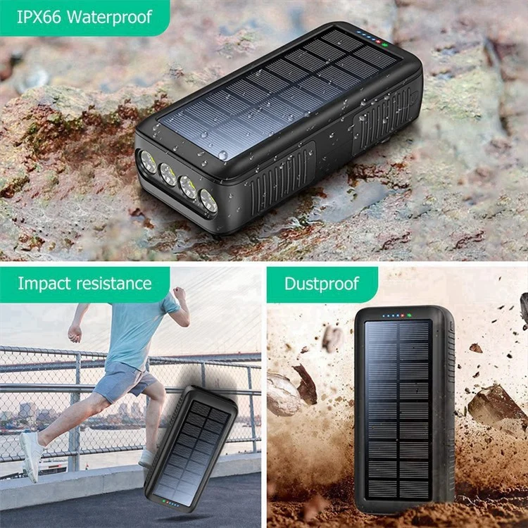 Внешний аккумулятор Solar Power Bank SY-618 Hand Crank 20000mAh с двумя USB-портами, съемными кабелями Lightning / Type-C / Micro и фонариком - черный