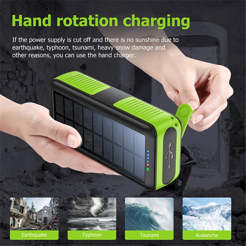 SY-618 Hand Crank 20000mAh Dual USB Solar Power Bank Phone External Battery with Detachable Lightning / Type-C / Micro Cable - Green