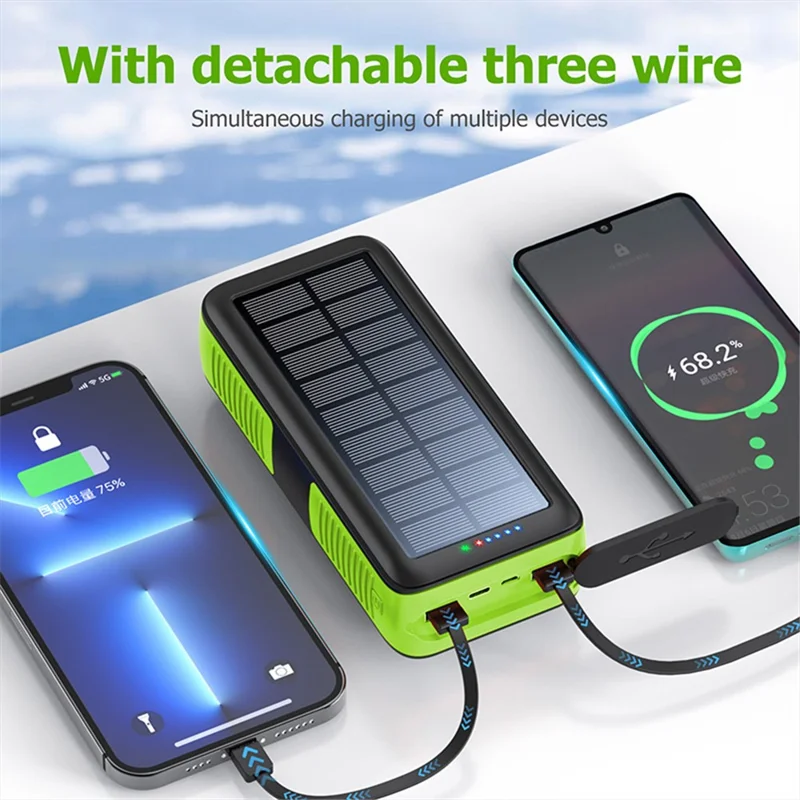 SY-618 Hand Crank 20000mAh Dual USB Solar Power Bank Phone External Battery with Detachable Lightning / Type-C / Micro Cable - Green