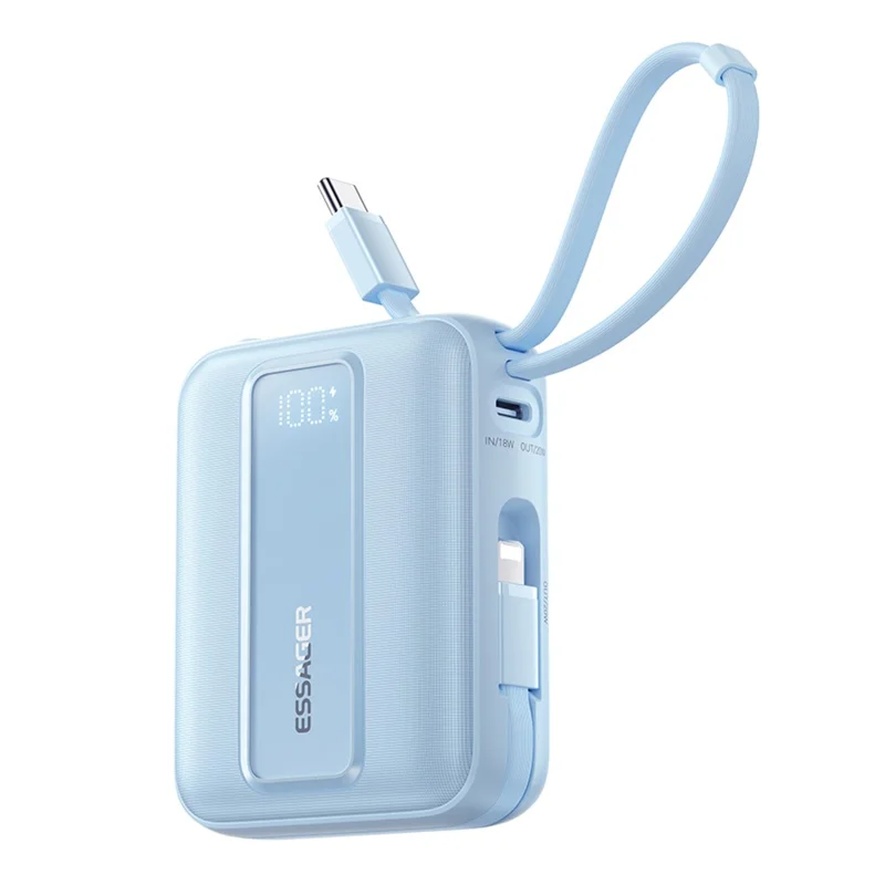 ESSAGER Digital Display 10000mAh Power Bank 22.5W Fast Charging Battery Pack with Dual Built-in Cables - Blue