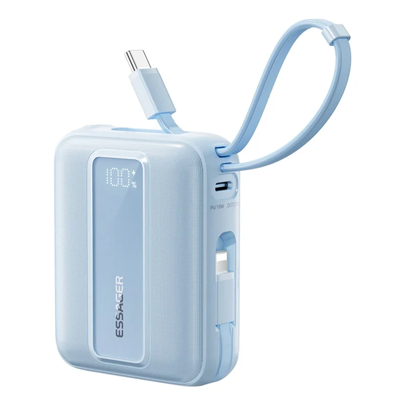 ESSAGER Digital Display 10000mAh Power Bank 22.5W Fast Charging Battery Pack with Dual Built-in Cables - Blue