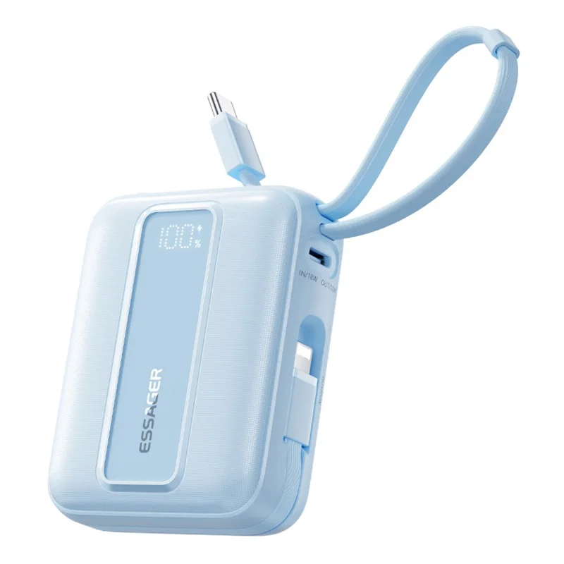 ESSAGER Digital Display 10000mAh Power Bank 22.5W Fast Charging Battery Pack with Dual Built-in Cables - Blue