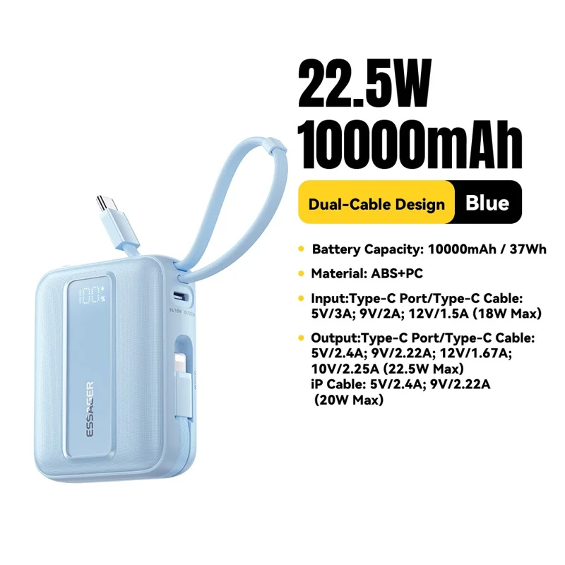 ESSAGER Digital Display 10000mAh Power Bank 22.5W Fast Charging Battery Pack with Dual Built-in Cables - Blue