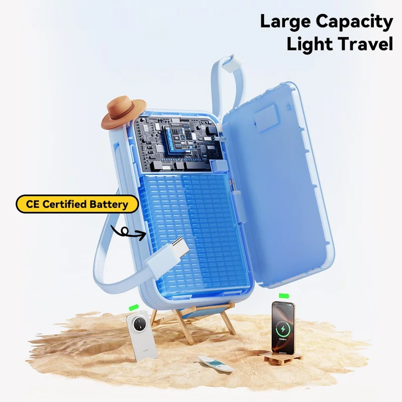 ESSAGER Digital Display 10000mAh Power Bank 22.5W Fast Charging Battery Pack with Dual Built-in Cables - Blue