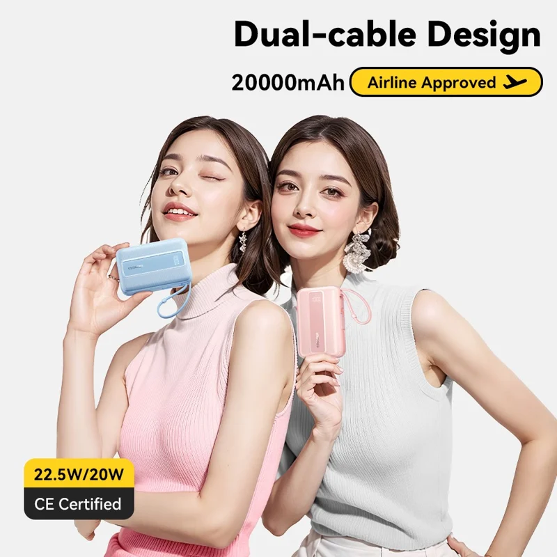 ESSAGER Digital Display 20000mAh Power Bank 22.5W Fast Charging Battery Pack with Dual Built-in Cables - Blue - Blue