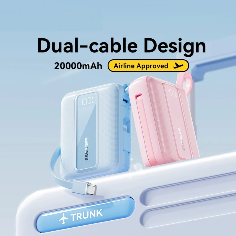 ESSAGER Digital Display 20000mAh Power Bank 22.5W Fast Charging Battery Pack with Dual Built-in Cables - Blue - Blue