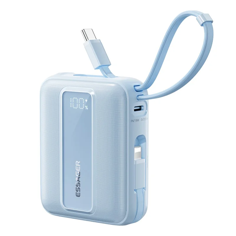 ESSAGER Digital Display 20000mAh Power Bank 22.5W Fast Charging Battery Pack with Dual Built-in Cables - Blue - Blue