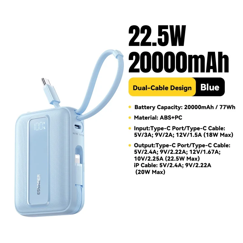 ESSAGER Digital Display 20000mAh Power Bank 22.5W Fast Charging Battery Pack with Dual Built-in Cables - Blue - Blue