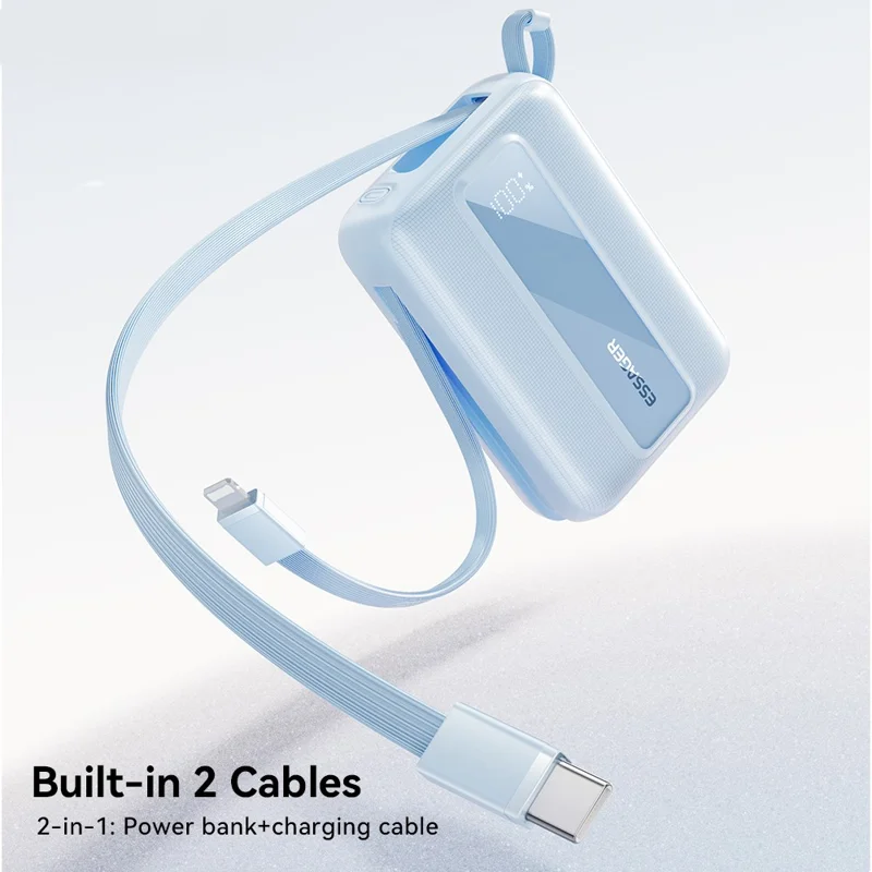 ESSAGER Digital Display 20000mAh Power Bank 22.5W Fast Charging Battery Pack with Dual Built-in Cables - Blue - Blue