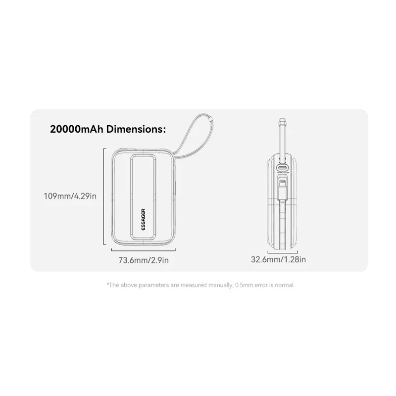 ESSAGER Digital Display 20000mAh Power Bank 22.5W Fast Charging Battery Pack with Dual Built-in Cables - Blue - Titanium