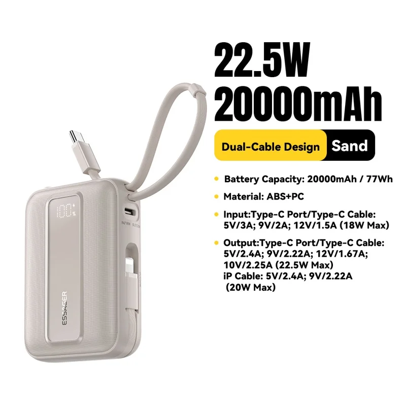 ESSAGER Digital Display 20000mAh Power Bank 22.5W Fast Charging Battery Pack with Dual Built-in Cables - Blue - Titanium