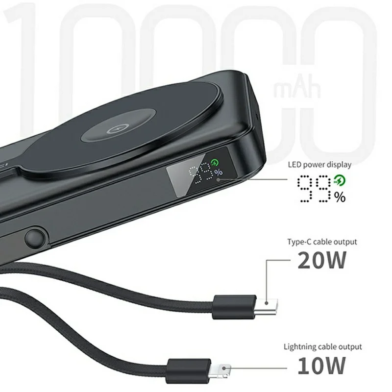 RECCI RPB-W27 Powerbank Magnetico da 10000mAh con Cavi Integrati, Ricarica Rapida PD 20W, Caricabatterie Portatile con Supporto Magnetico - Nero
