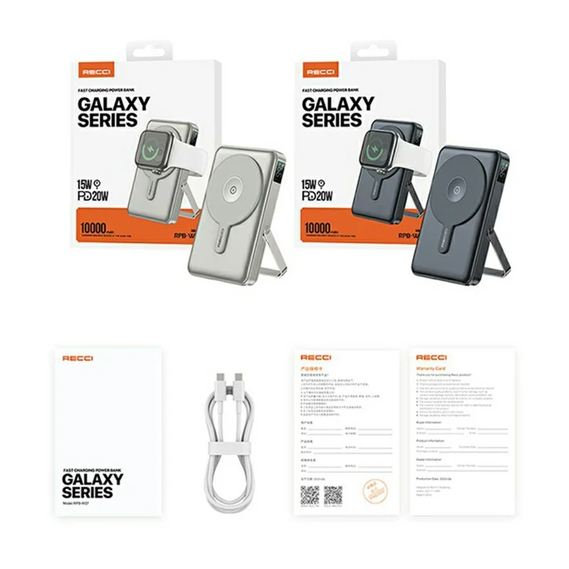 RECCI RPB-W27 Powerbank Magnetico da 10000mAh con Cavi Integrati, Ricarica Rapida PD 20W, Caricabatterie Portatile con Supporto Magnetico - Nero
